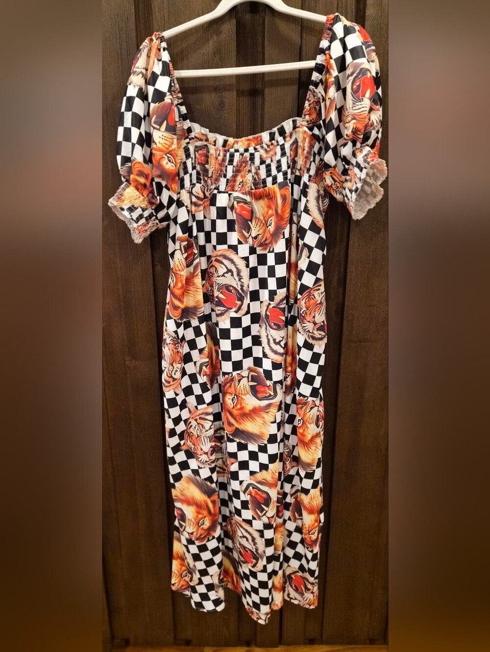 Dressed in LALA Checkerboard Maxi Dress with Orange Tiger Motif
